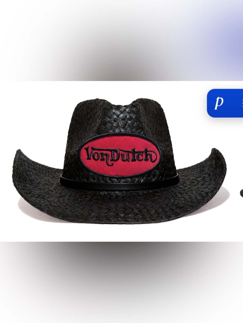 Von Dutch Black Straw Fedora with Red Oval Logo Patch